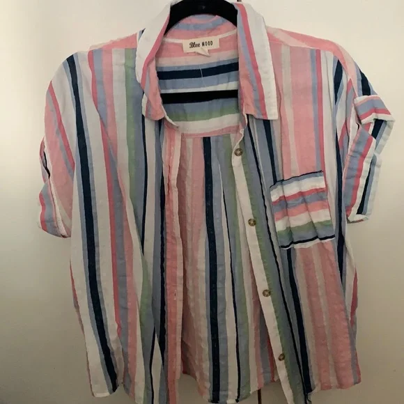 Blue Mood multi colored striped button-up blouse. Girl’s Large/Women’s Small - Picture 2 of 4
